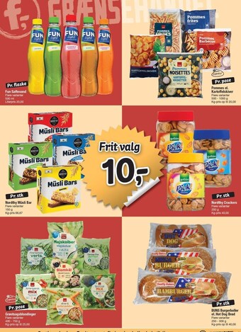 Fun saftevand, pommes el. kartoffelskiver, nordthy müsli bar, nordthy crackers, grøntsagsblandinger eller buns burgerboller e