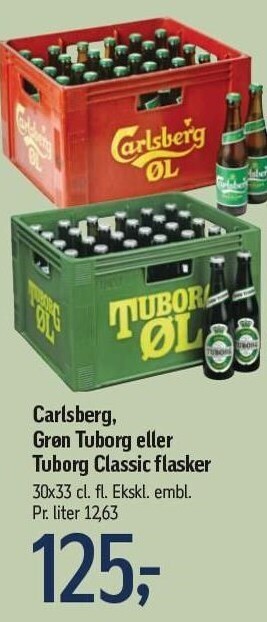 Føtex Carlsberg, grøn tuborg eller tuborg classic flasker tilbud