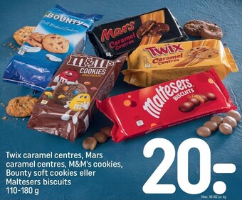 REMA 1000 Twix caramel centres, mars caramel centres, m&m's cookies, bounty soft cookies eller maltesers biscuits tilbud