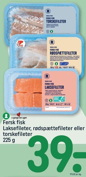 REMA 1000 Fersk fisk laksefileter, rødspættefileter eller torskefileter tilbud