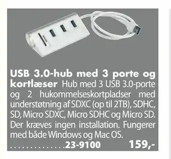 Biltema USB 3,0-hub med 3 porte og kortlæser tilbud