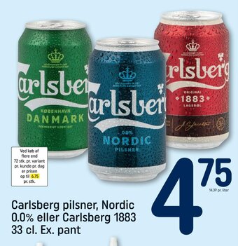 REMA 1000 Carlsberg pilsner, Nordic 0.0% eller Carlsberg 1883 33 cl. Ex. pant tilbud