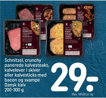 REMA 1000 Schnitzel, crunchy panerede kalvesteaks, kalvelever i skiver eller kalvesticks med bacon og svampe dansk kalv tilbud