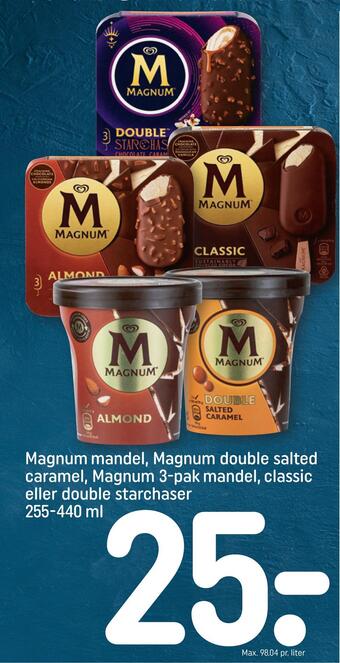 REMA 1000 Magnum mandel, magnum double salted caramel, magnum 3-pak mandel, classic eller double starchaser 255-440 ml tilbud