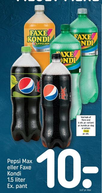 REMA 1000 Pepsi max eller faxe kondi 1,5 liter tilbud