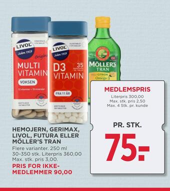 MENY Hemojern, gerimax, livol, futura eller möller's tran tilbud