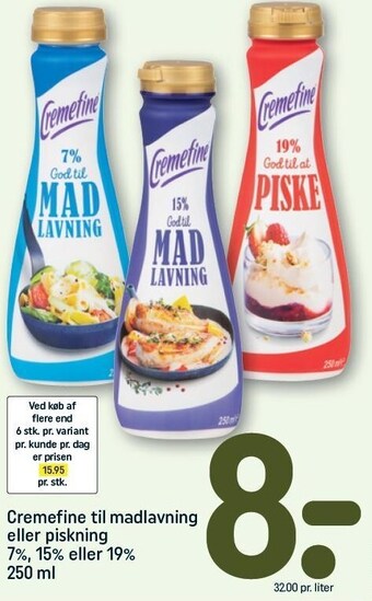 REMA 1000 Cremefine til madlavning eller piskning 7%, 15% eller 19% 250ml tilbud