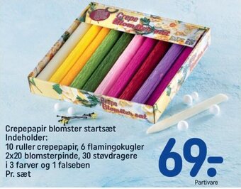 REMA 1000 Crepepapir blomster startsæt Indeholder: 10 ruller crepepapir, 6 flamingokugler 2x20 blomsterpinde tilbud