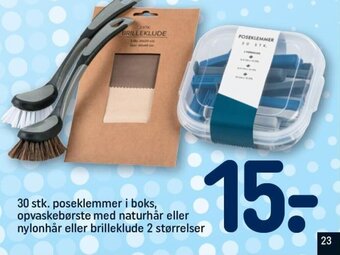 REMA 1000 30 stk. poseklemmer i boks, opvaskebørste med naturhår eller nylonhår eller brilleklude 2 størrelser tilbud