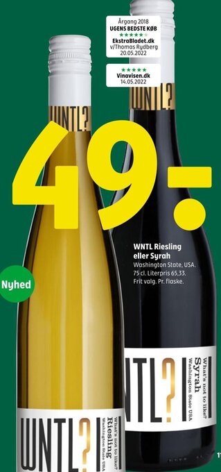 WNTL Riesling eller Syrah Washington State, USA. 75 cl