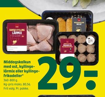 Coop 365 Middagskalkun med ost, kyllingelårmix eller kyllingefrikadeller tilbud