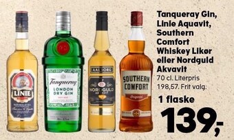 Kvickly Tanqueray gin, linie aquavit, southern comfort whiskey likør eller nordguld akvavit tilbud