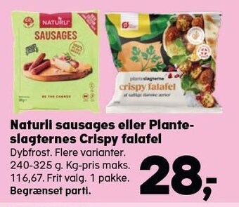 Kvickly Naturli sausages eller planteslagternes crispy falafel tilbud