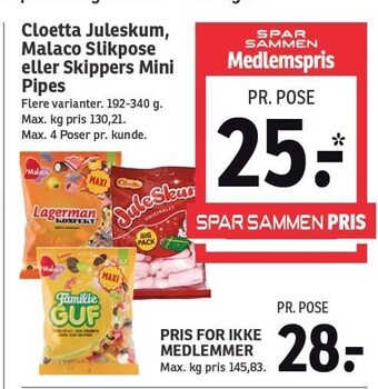 Cloetta juleskum malaco slikpose eller skippers mini pipes