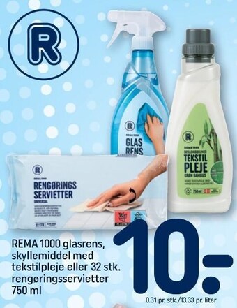 REMA 1000 Rema 1000 glasrens, skyllemiddel med tekstilpleje eller 32 stk, rengøringsservietter 750 ml tilbud
