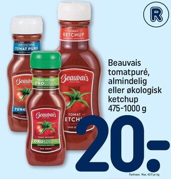 REMA 1000 Beauvais tomatpuré, almidelig eller økologisk ketchup 475-1000 g tilbud