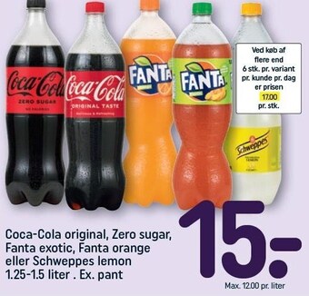 REMA 1000 Coca-cola original, zero sugar, fanta exotic, fanta orange eller schweppes lemon tilbud