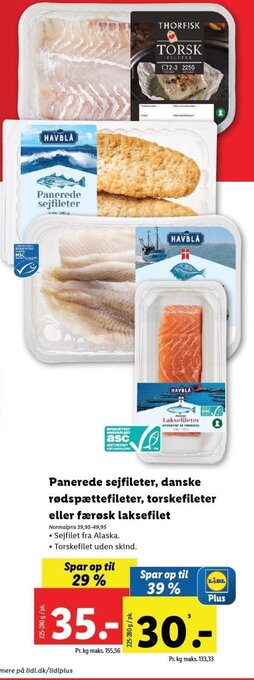 Lidl Panerede sejfileter, danske rødspættefileter, torskefileter eller færøsk laksefilet tilbud