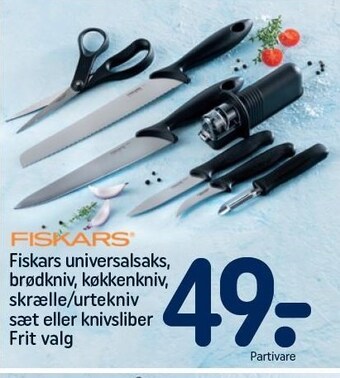 REMA 1000 Fiskars universalsaks, brødkniv, køkkenkniv, skrælle/urtekniv sæt eller knivsliber firt valg tilbud