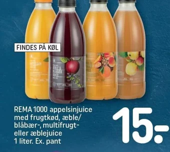 REMA 1000 REMA 1000 appelsinjuice med frugtkød, æble/ blåbær-, multifrugt-eller æblejuice 1 liter. Ex. pant tilbud