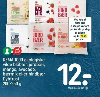 REMA 1000 REMA 1000 økologiske vilde blåbær, jordbær, mango, avocado, bærmix eller hindbær Dybfrost 200-250 g tilbud