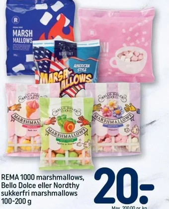 REMA 1000 marshmallows, Bello Dolce eller Nordthy sukkerfri marshmallows 100-200 g