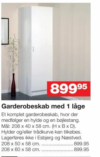 Garderobeskab med 1 låge