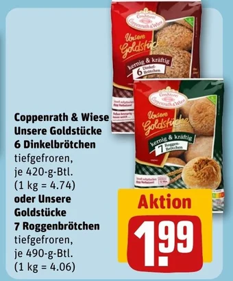 REWE DE Coppenrath & Wiese Unsere Goldstücke 6 Dinkelbrötchen oder Unsere Goldstücke 7 Roggenbrötchen tilbud
