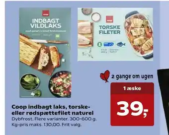 Kvickly Coop indbagt laks, torske eller rødspættefilet naturel tilbud