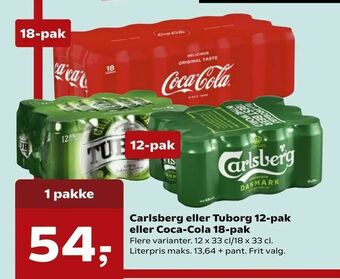 Kvickly Carlsberg eller Tuborg 12-pak eller Coca-Cola 18-pak tilbud