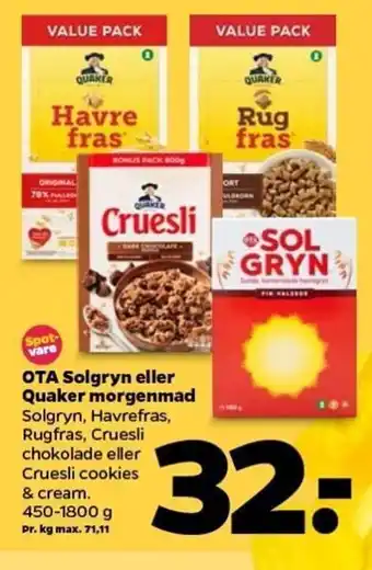 OTA Solgryn eller Quaker Morgenmad 450-1800 g