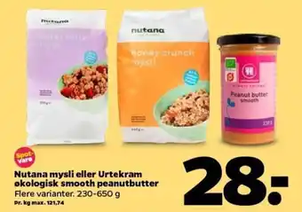 Nutana Mysli eller Urtekram Økologisk Smooth Peanutbutter 230-650 g