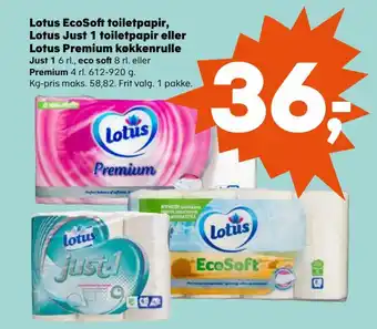Coop.dk Lotus EcoSoft toiletpapir, Lotus Just 1 toiletpapir eller Lotus Premium køkkenrulle tilbud