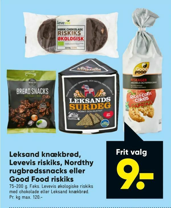 Leksand knækbrød, Levevis riskiks, Nordthy rugbrødssnacks eller Good