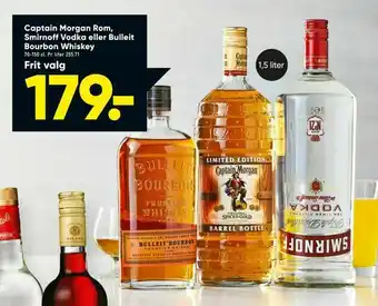 Bilka Captain Morgan Rom, Smirnoff Vodka eller Bulleit Bourbon Whiskey tilbud