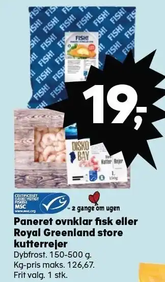SuperBrugsen Paneret ovnklar fisk eller royal greenland store kutterrejer tilbud