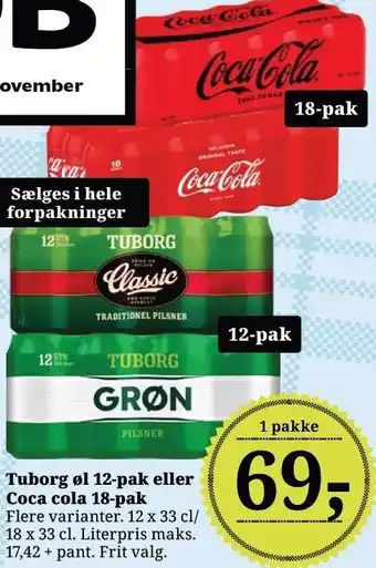 Dagli'Brugsen Tuborg øl 12-pak eller coca cola 18-pak tilbud