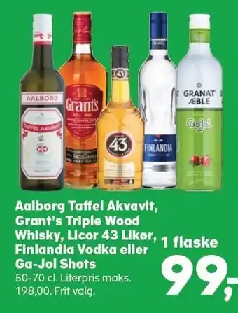 Kvickly Aalborg taffel akvavit, grant's triple wood whisky, licor 43 likør, finlandia vodka eller ga-jol shots tilbud