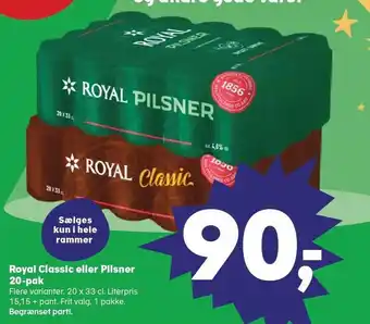 Kvickly Royal classic eller pilsner 20-pak tilbud