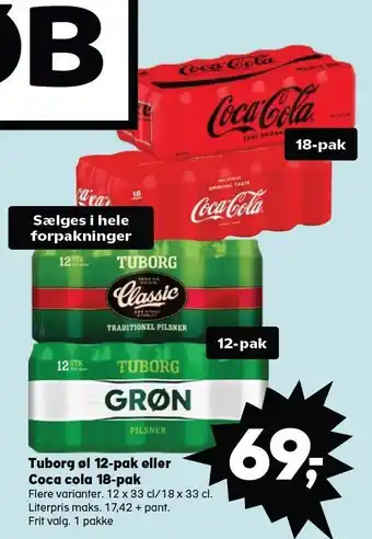 Kvickly Tuborg øl 12-pak eller coca cola 18-pak tilbud