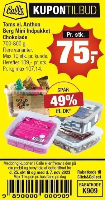 Calle Toms el. anthon berg mini indpakket chokolade tilbud
