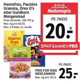 SPAR Havrefras, paulúns granola, oreo o's eller guldkorn morgenmad tilbud