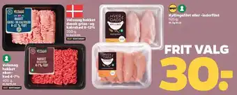 Netto Velsmag hakket oksekød 4-7%, velsmag hakket dansk grise- og kalvekød 8-12% el. kyllingefilet eller -inderfilet tilbud