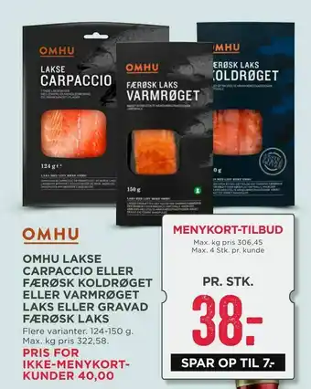 MENY Omhu lakse carpaccio eller færøsk koldrøget eller varmrøget laks eller gravad færøsk laks tilbud