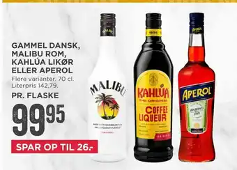 MENY Gammel dansk, malibu rom, kahlúa likør eller aperol tilbud