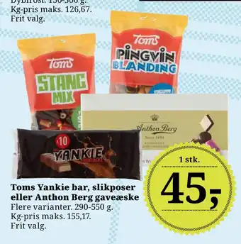 Dagli'Brugsen Toms yankie bar, slikposer eller anthon berg gaveæske tilbud