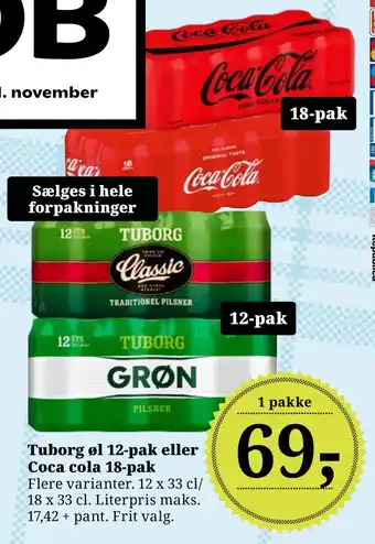 Dagli'Brugsen Tuborg øl 12-pak eller coca cola 18-pak tilbud