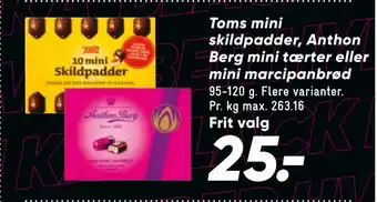Bilka Toms mini skildpadder, anthon berg mini tærter eller mini marcipanbrød tilbud