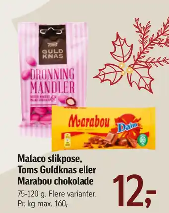 Føtex Malaco slikpose, toms guldknas eller marabou chokolade tilbud