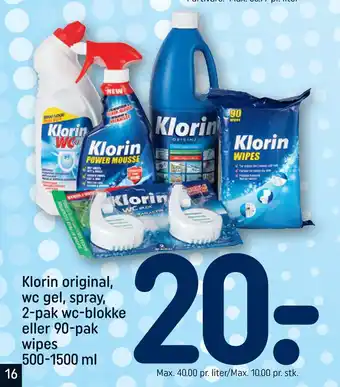 REMA 1000 Klorin original, wc gel, spray, 2-pak wc-blokke eller 90-pak wipes 500-1500 ml tilbud